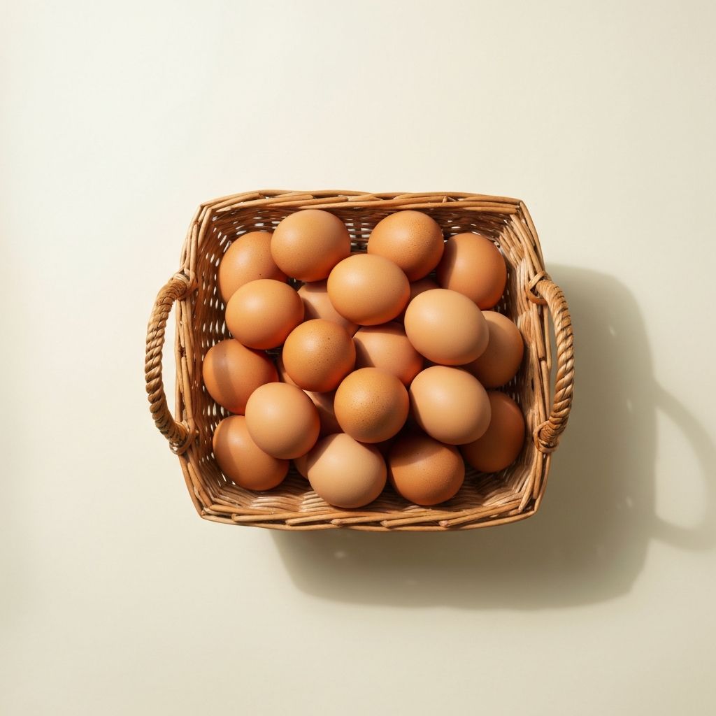 Wicker basket full of fresh brown eggs
